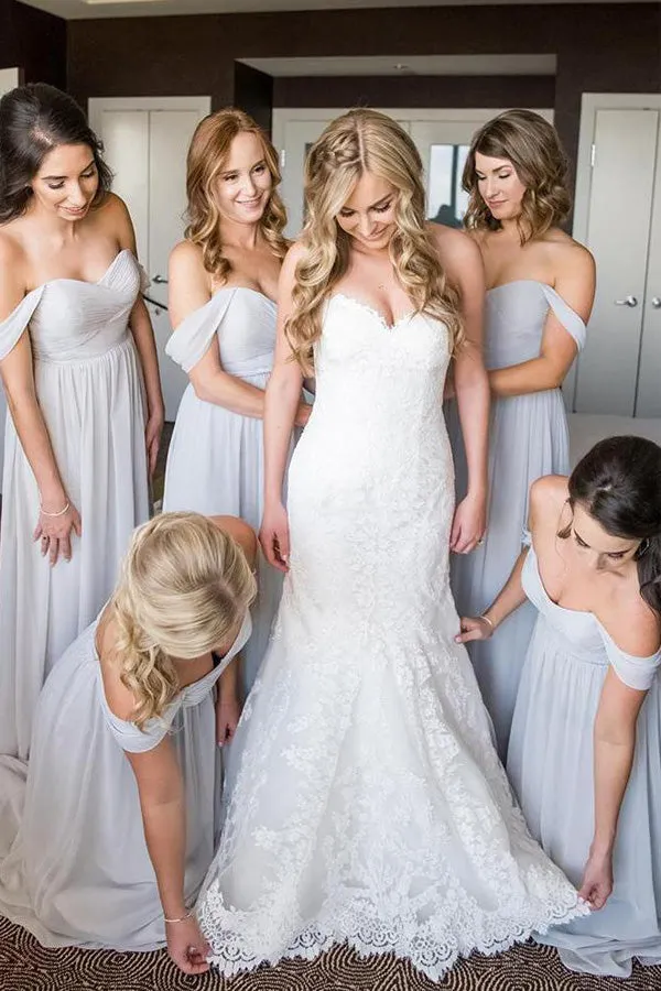 Off The Shoulder Light Blue Chiffon Bridesmaid Dress