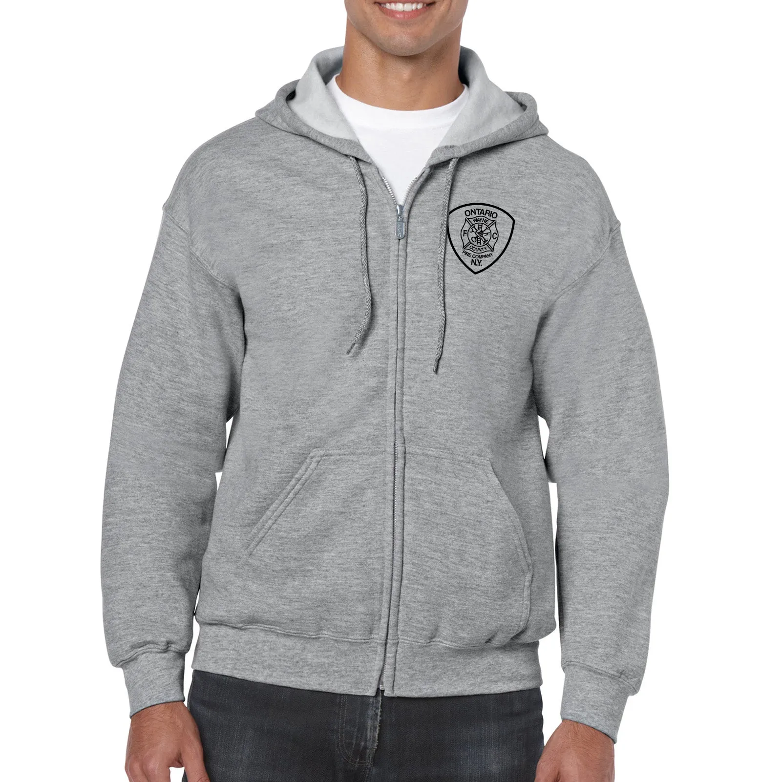 Ontario Fire Maltese Cross Logo Full Zip Hooded Sweatshirt- Sport Grey