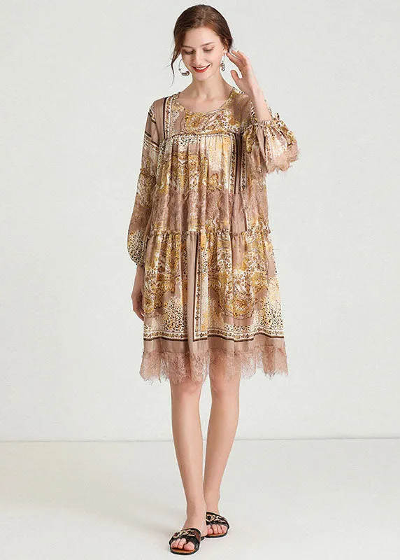 Organic Yellow Print Patchwork Lace Mid Dress Fall Chiffon Dress
