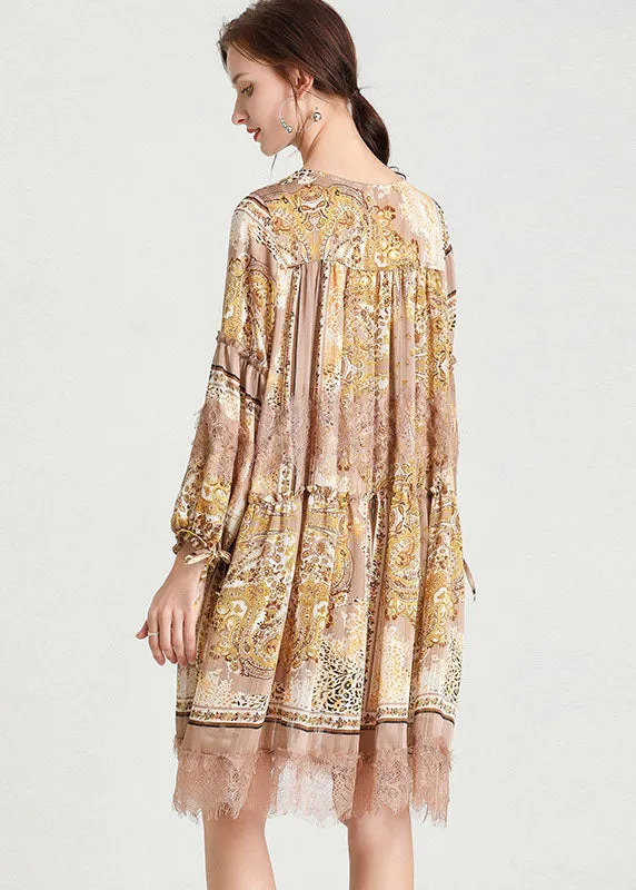 Organic Yellow Print Patchwork Lace Mid Dress Fall Chiffon Dress