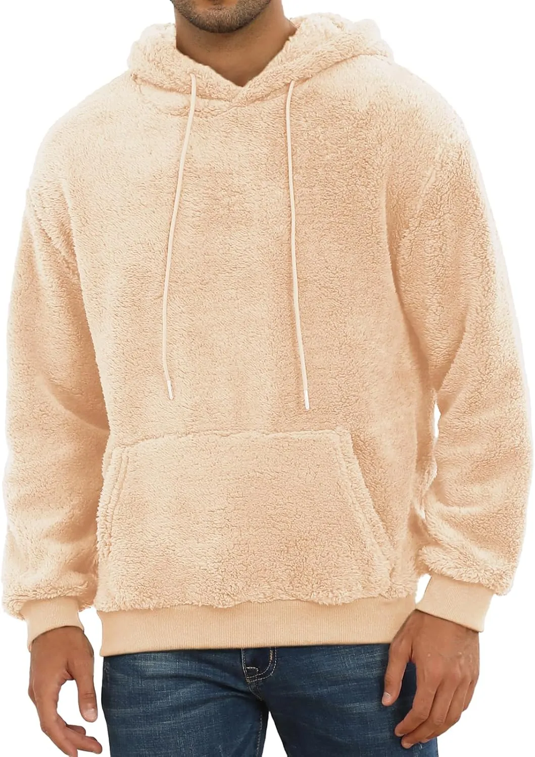 PEGENO Mens Fuzzy Sherpa Hoodie Pullover Sweatshirts Loose Cozy Pocket Long Sleeve Winter Hooded Outwear