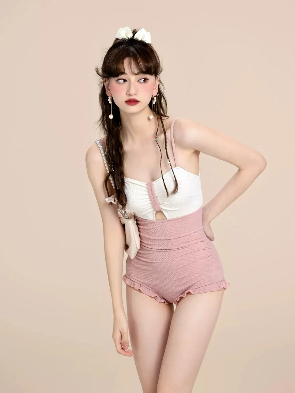 Pink Poolside Glam One-Piece Swimsuit with Cardigan