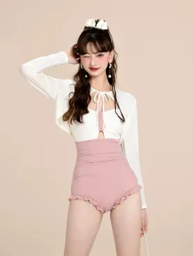 Pink Poolside Glam One-Piece Swimsuit with Cardigan