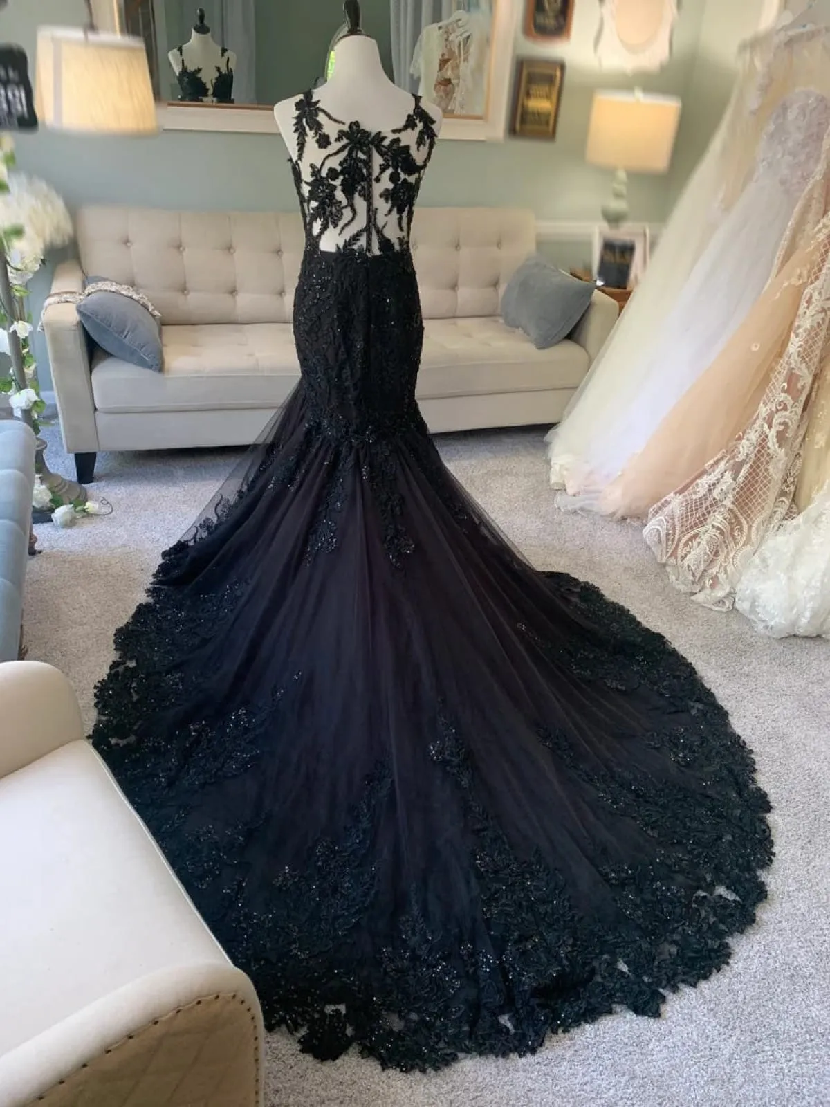 Plunge Illusion Tank Chapel Lace Tulle Black Trumpet Wedding Dress