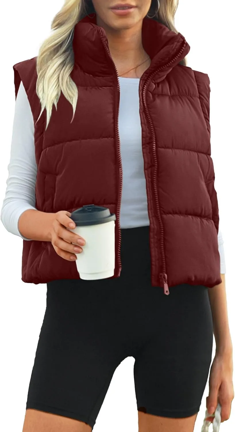 Polu Cropped Puffer Vest Women Sleeveless Stand Collar Padded Gilet Winter Lightweight Puffy Vest