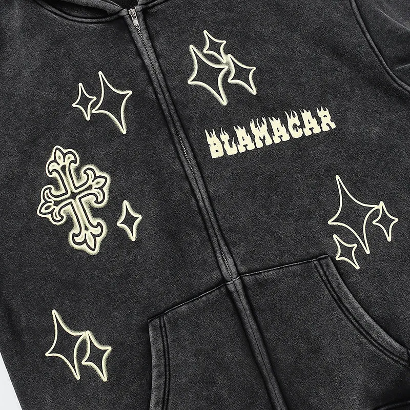 PopFlying Distressed Fleece Zipper Hoodie Cross