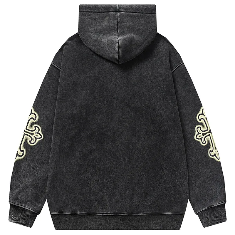 PopFlying Distressed Fleece Zipper Hoodie Cross