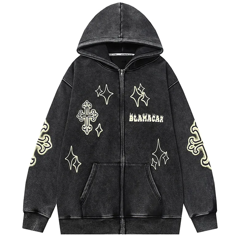 PopFlying Distressed Fleece Zipper Hoodie Cross