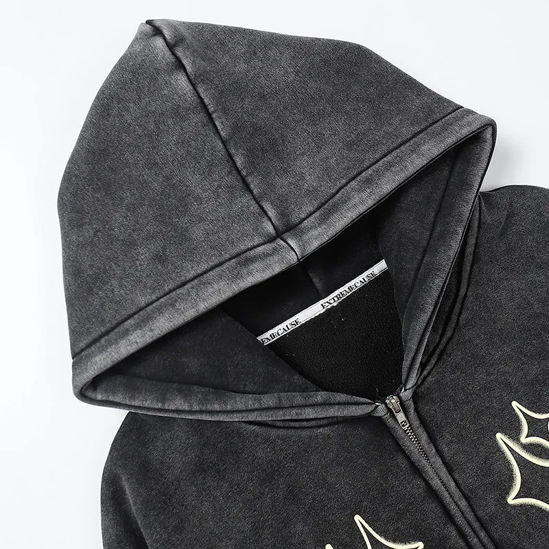 PopFlying Distressed Fleece Zipper Hoodie Cross