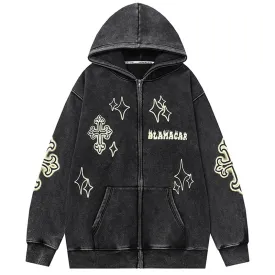 PopFlying Distressed Fleece Zipper Hoodie Cross