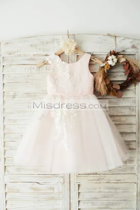 Princess Ivory Lace Tulle Pink Satin Sleeveless Wedding Flower Girl Dress