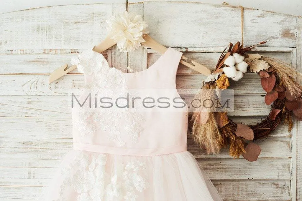 Princess Ivory Lace Tulle Pink Satin Sleeveless Wedding Flower Girl Dress
