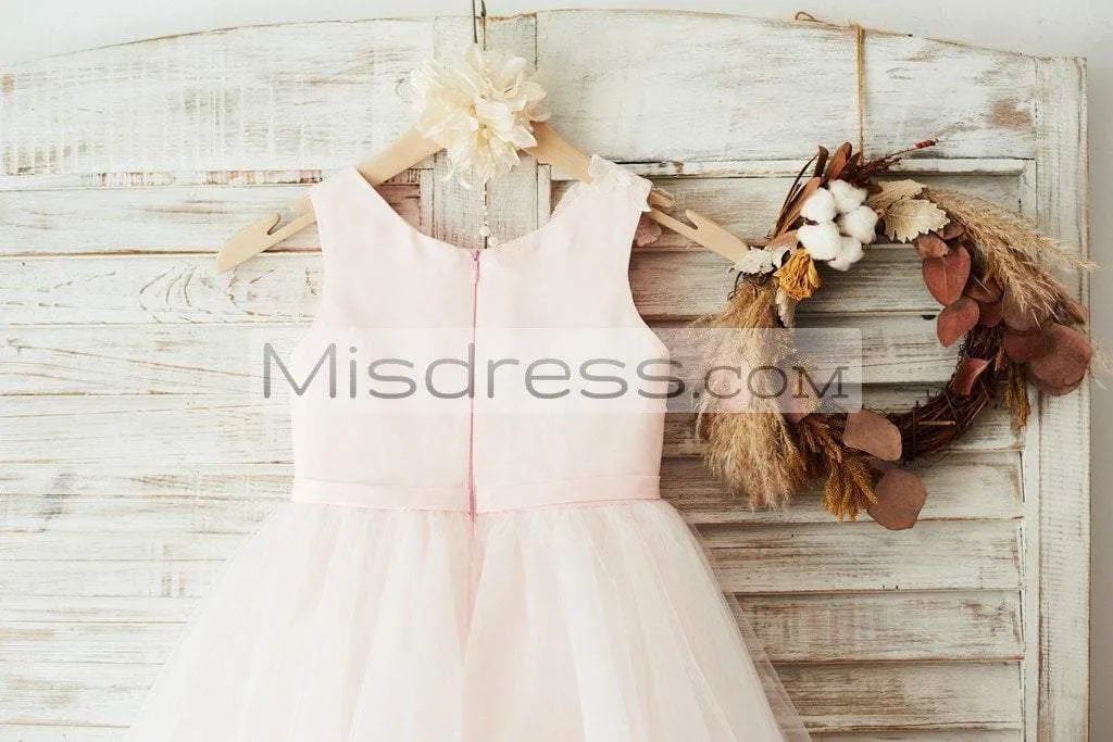 Princess Ivory Lace Tulle Pink Satin Sleeveless Wedding Flower Girl Dress