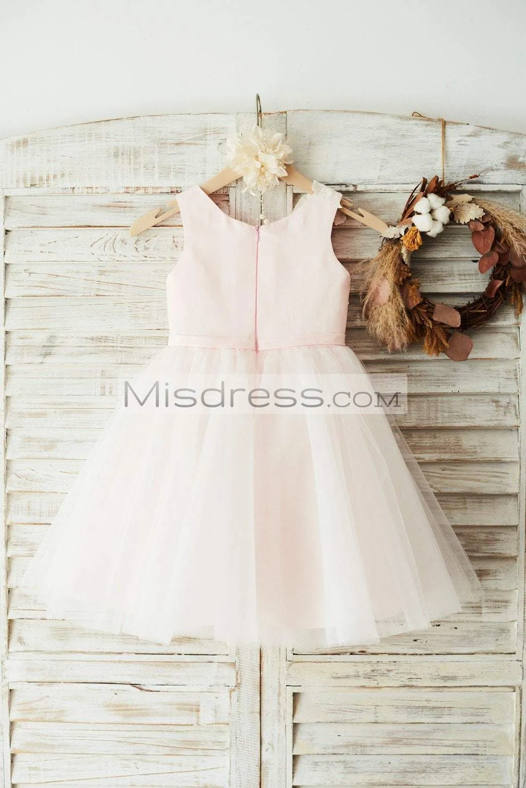 Princess Ivory Lace Tulle Pink Satin Sleeveless Wedding Flower Girl Dress
