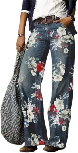Printed Jeans for Women, Vintage Floral Graphic, 2025 Summer Wide Leg Dark Wash 90s Thin FauxJean Not Really Jeans.