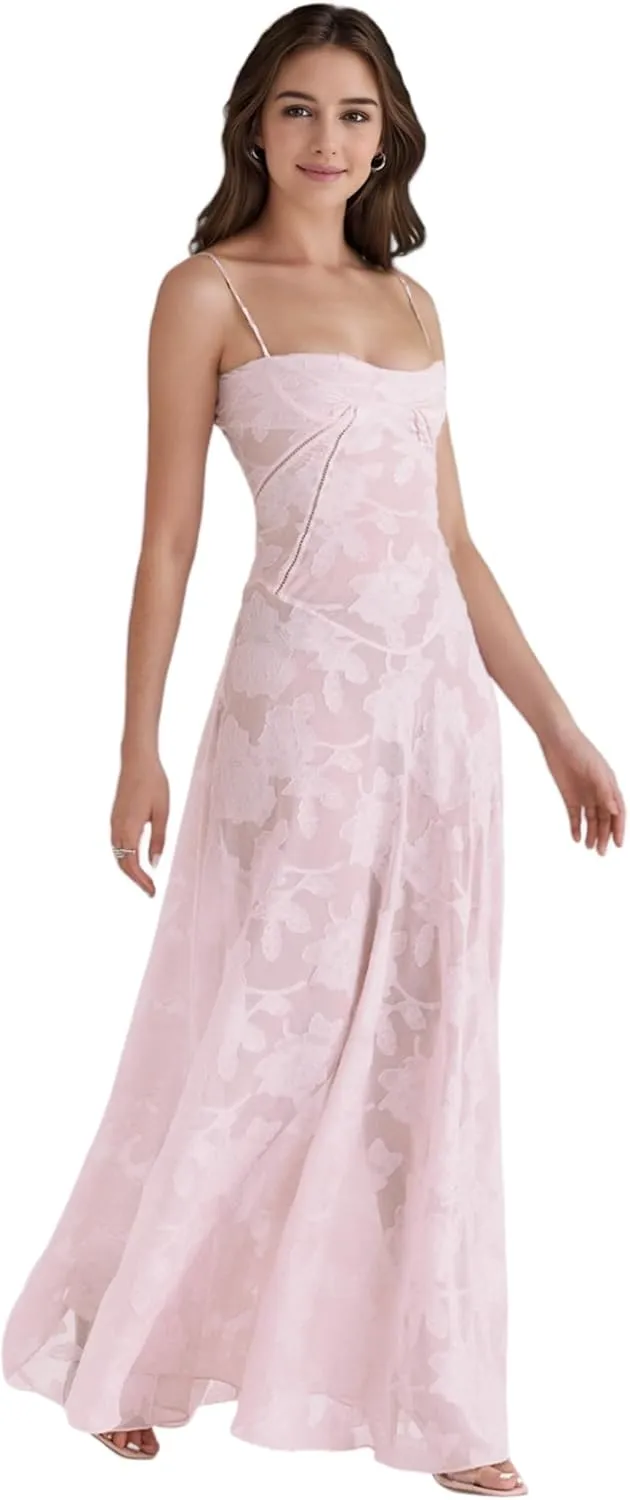 RARITYUS Womens Elegant Floral Lace Wedding Guest Dress Sleeveless Spaghetti Strap Maxi Dress Lace-up Cocktail Party Dress