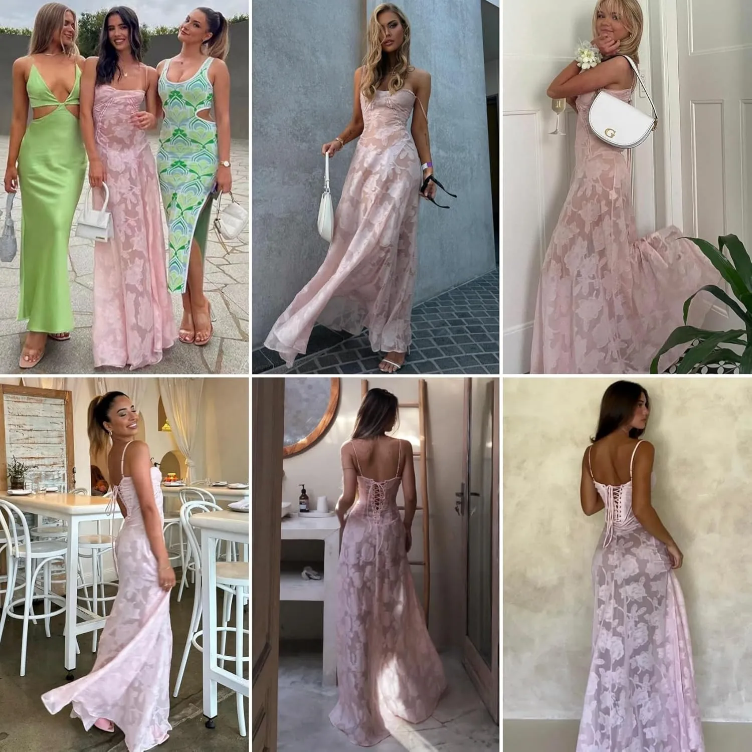 RARITYUS Womens Elegant Floral Lace Wedding Guest Dress Sleeveless Spaghetti Strap Maxi Dress Lace-up Cocktail Party Dress