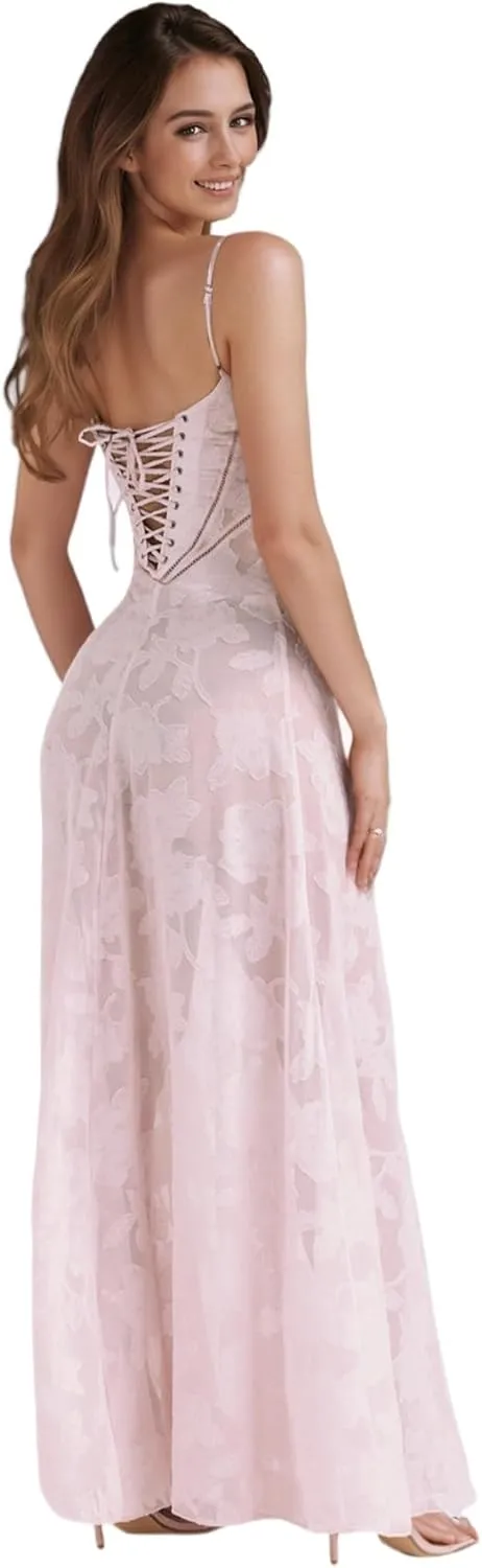 RARITYUS Womens Elegant Floral Lace Wedding Guest Dress Sleeveless Spaghetti Strap Maxi Dress Lace-up Cocktail Party Dress