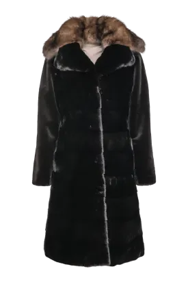 Reversible Black Horizontal Long Haired & Sheared Trench Mink Fur Coat - Sable Collar