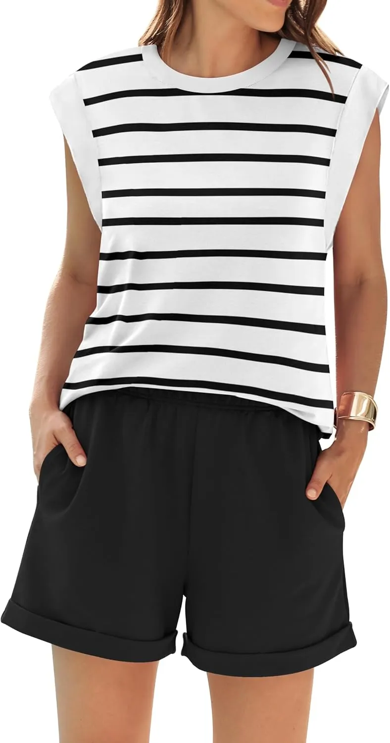 RUBZOOF 2 Piece Outfits for Women Lightweight Matching Lounge Sets Cap Sleeve Top and Elastic Waisted Shorts