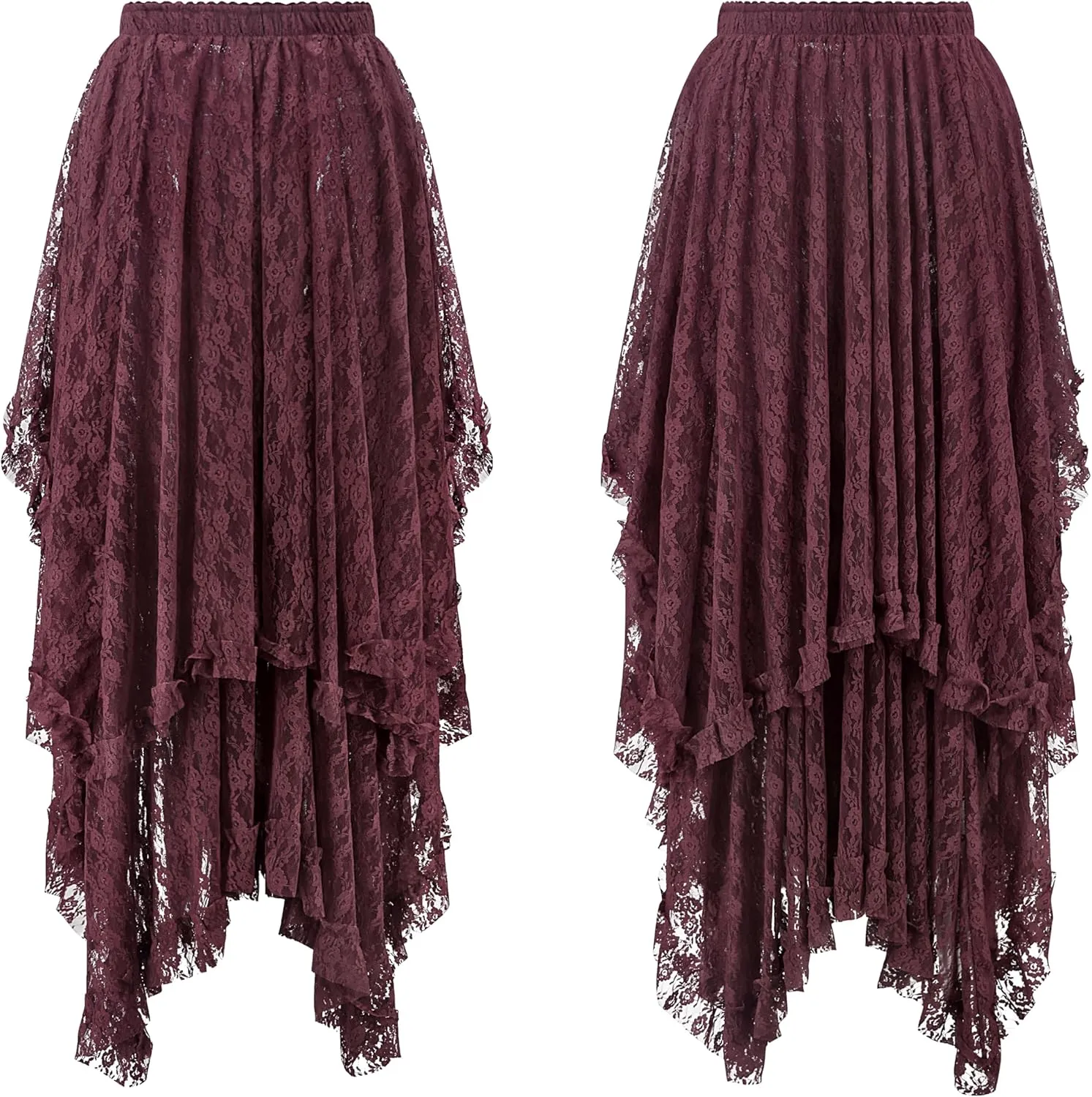 R.Vivimos Women Lace Long Skirts Summer Elastic Asymmetrical Layered Hem Sexy See-Through Beach Floral Maxi Skirts