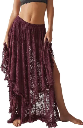 R.Vivimos Women Lace Long Skirts Summer Elastic Asymmetrical Layered Hem Sexy See-Through Beach Floral Maxi Skirts