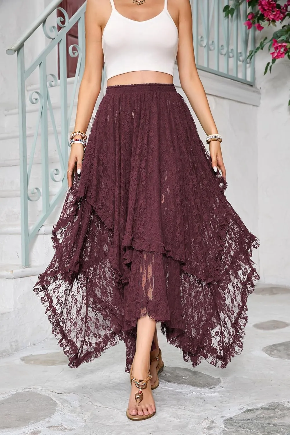 R.Vivimos Women Lace Long Skirts Summer Elastic Asymmetrical Layered Hem Sexy See-Through Beach Floral Maxi Skirts