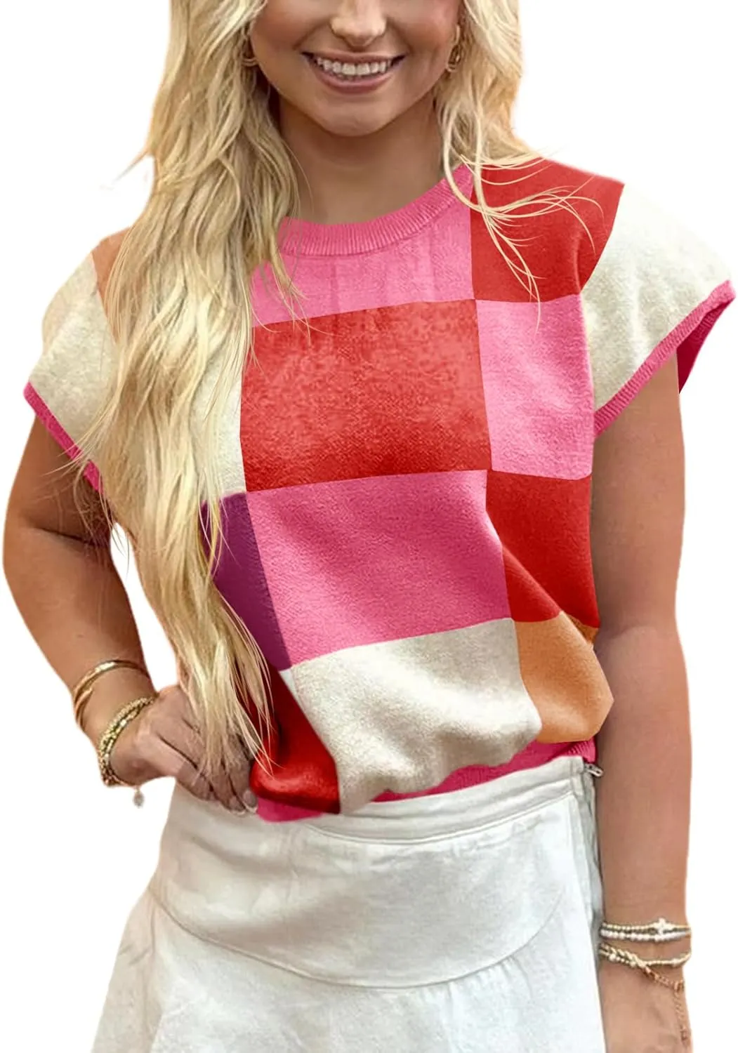 Saodimallsu Womens Short Sleeve Sweater Top Summer Color Block Lightweight Knit Crewneck Going Out Pullover Tops