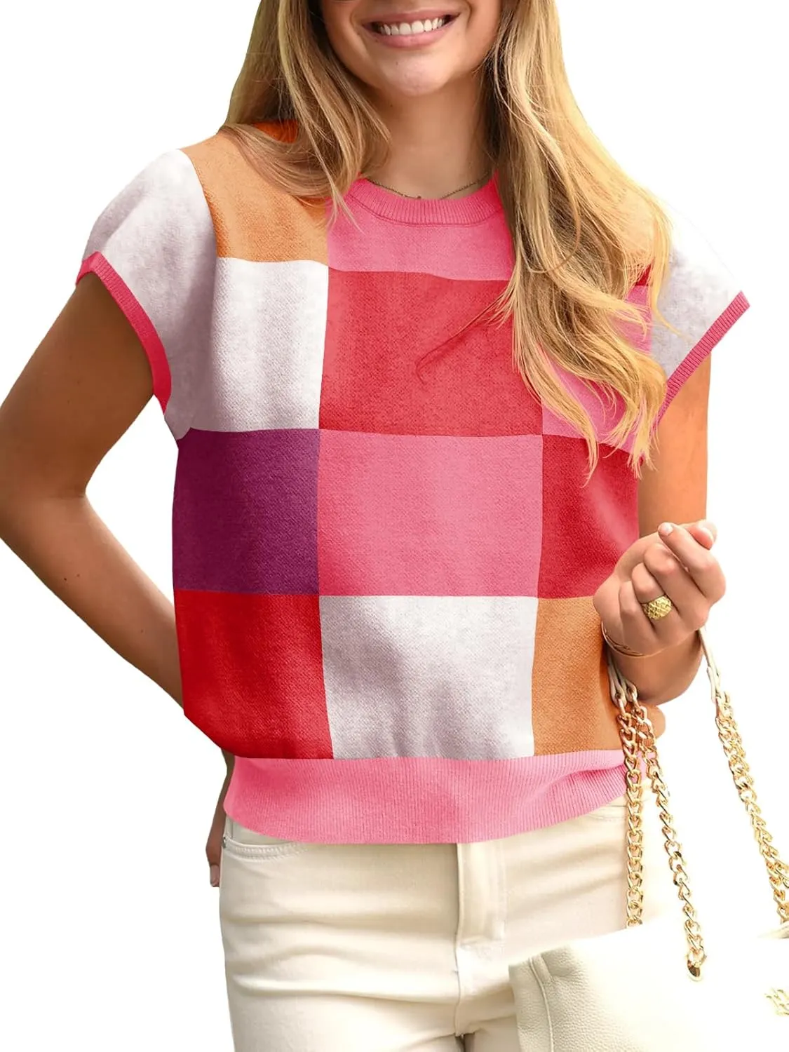 Saodimallsu Womens Short Sleeve Sweater Top Summer Color Block Lightweight Knit Crewneck Going Out Pullover Tops