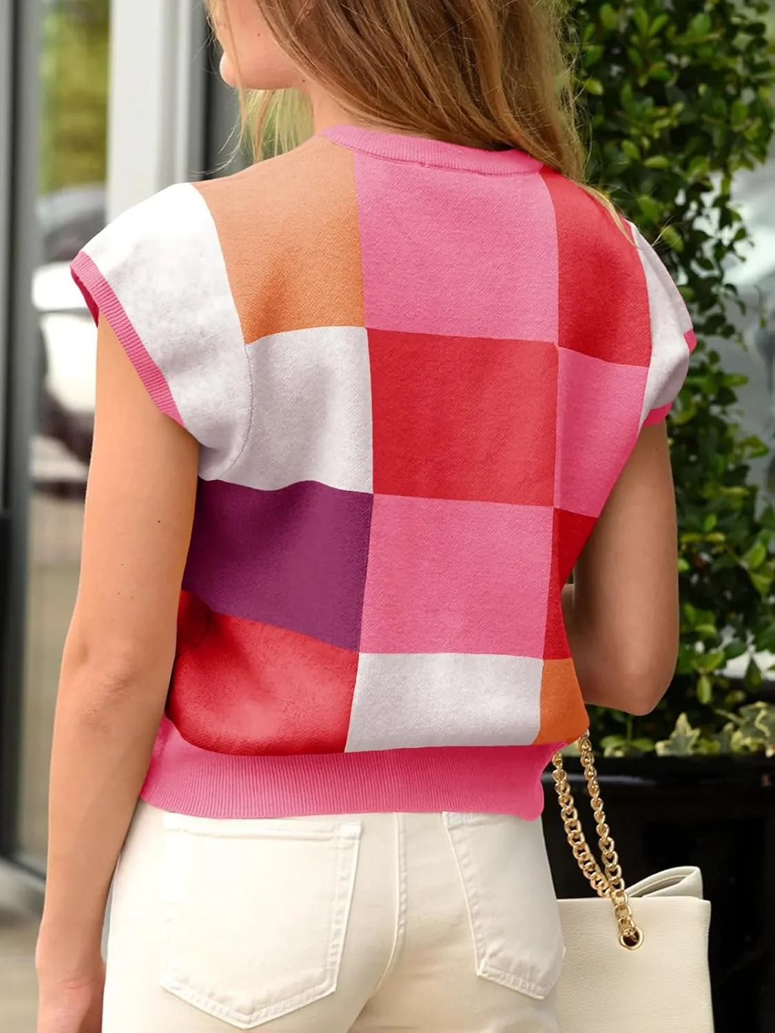 Saodimallsu Womens Short Sleeve Sweater Top Summer Color Block Lightweight Knit Crewneck Going Out Pullover Tops
