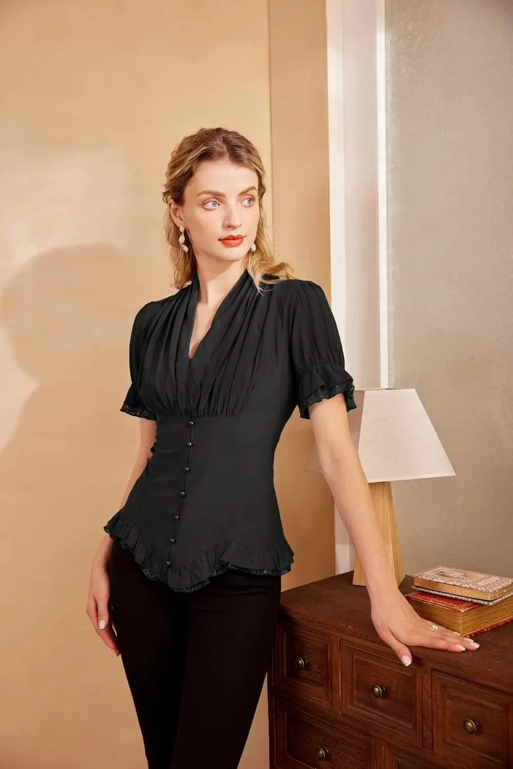 Scarlet Darkness Women 2024 Summer Short Sleeve Shirt Dressy Victorian Blouse Lace Up Top