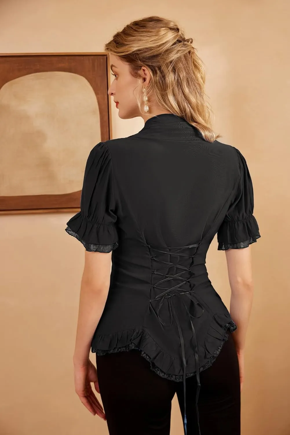 Scarlet Darkness Women 2024 Summer Short Sleeve Shirt Dressy Victorian Blouse Lace Up Top
