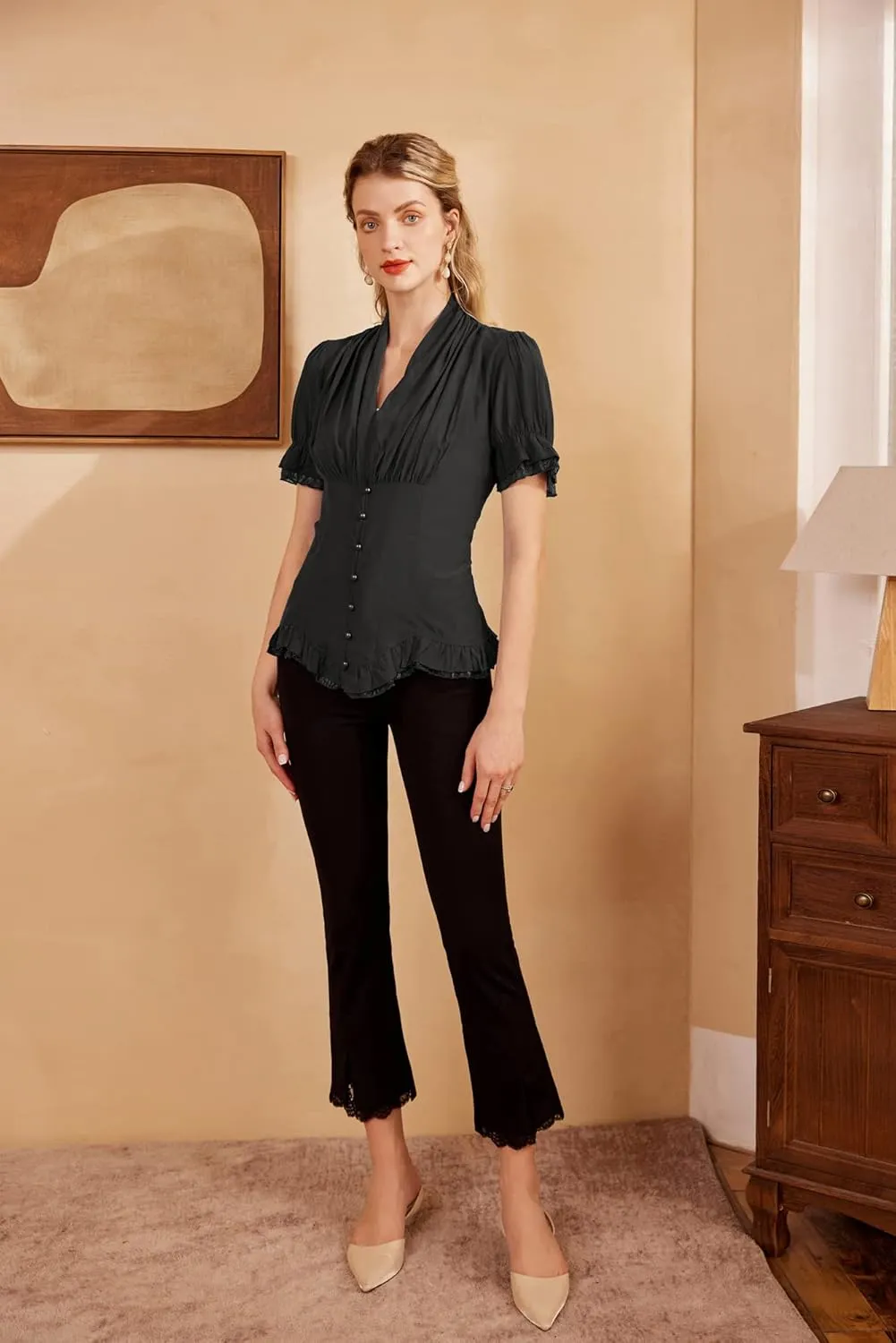Scarlet Darkness Women 2024 Summer Short Sleeve Shirt Dressy Victorian Blouse Lace Up Top