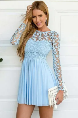 See Through Long Sleeve Light Blue Chiffon Lace Homecoming Dress