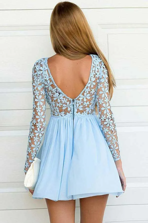 See Through Long Sleeve Light Blue Chiffon Lace Homecoming Dress