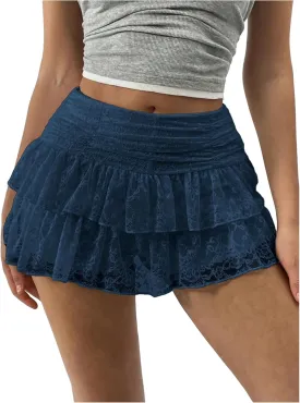 SHENHE Women's Y2k Lace Layered Mini Skirt Ruched A Line Cute Tiered Ruffle Skirt