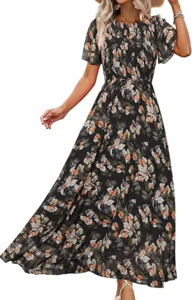 Simplee Womens Summer Floral Casual Maxi Dresses Flutter Short Sleeve Crew Neck Smocked Chiffon Boho Flowy Dress