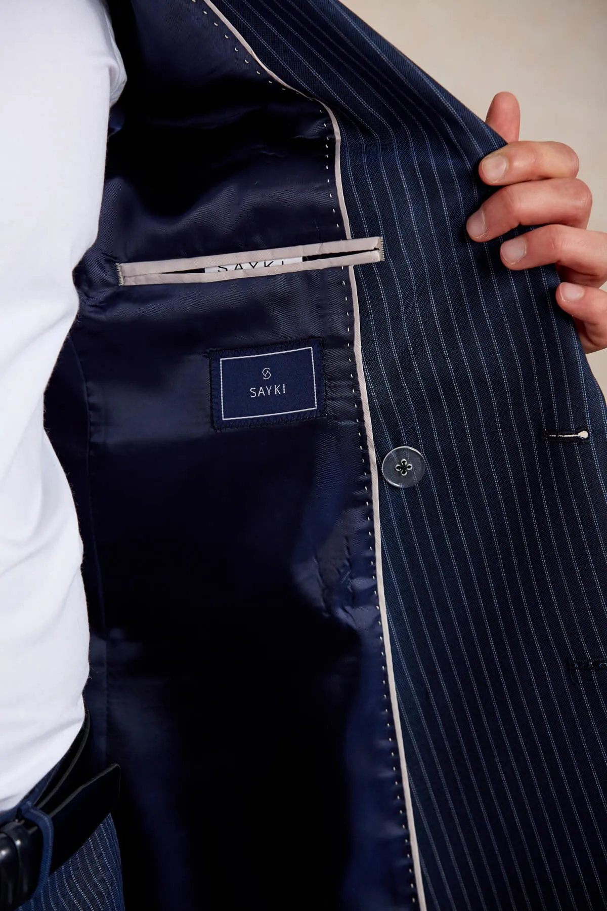 Slim Fit Double Breasted Navy Stripe Wool Blend Classic Suit