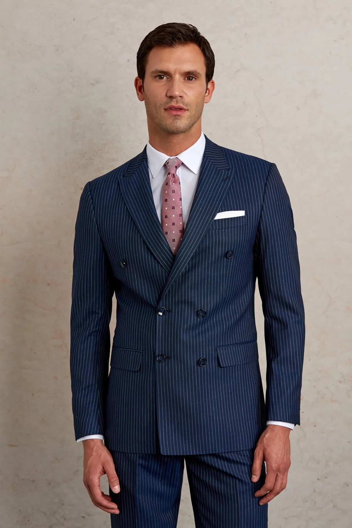 Slim Fit Double Breasted Navy Stripe Wool Blend Classic Suit