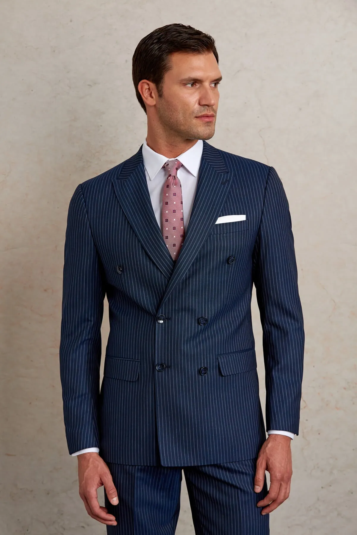 Slim Fit Double Breasted Navy Stripe Wool Blend Classic Suit