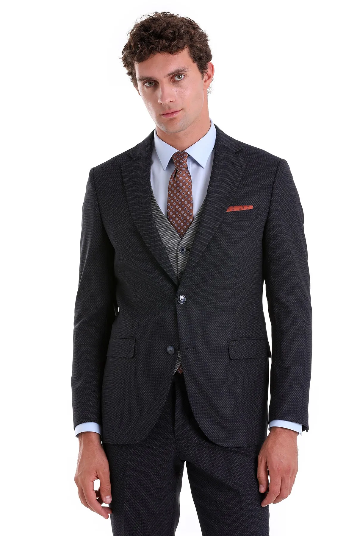 Slim Fit Navy Wool Blend Casual Suit with Vest