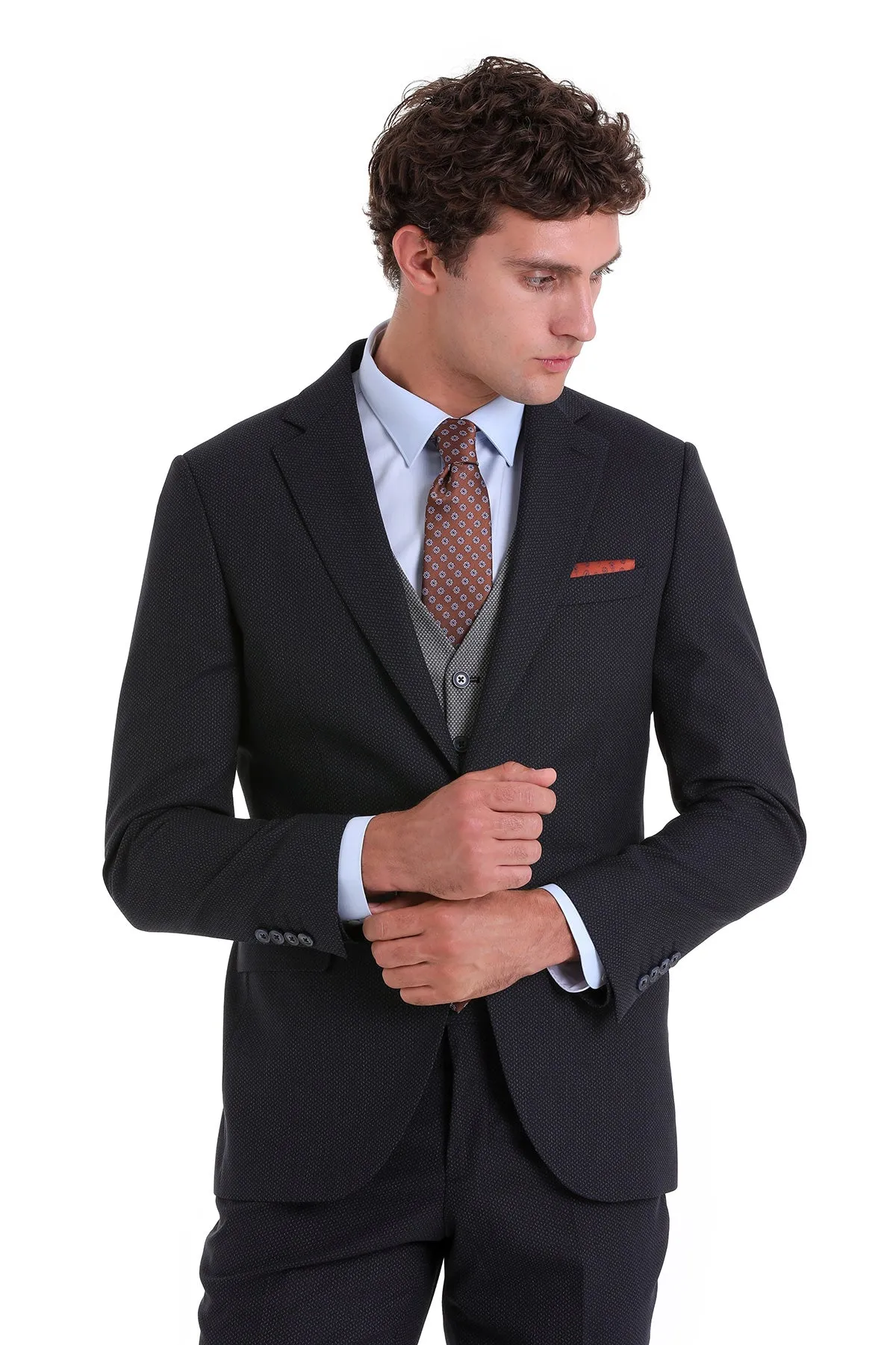 Slim Fit Navy Wool Blend Casual Suit with Vest