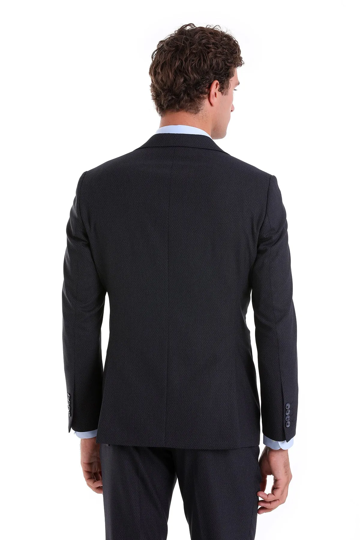Slim Fit Navy Wool Blend Casual Suit with Vest