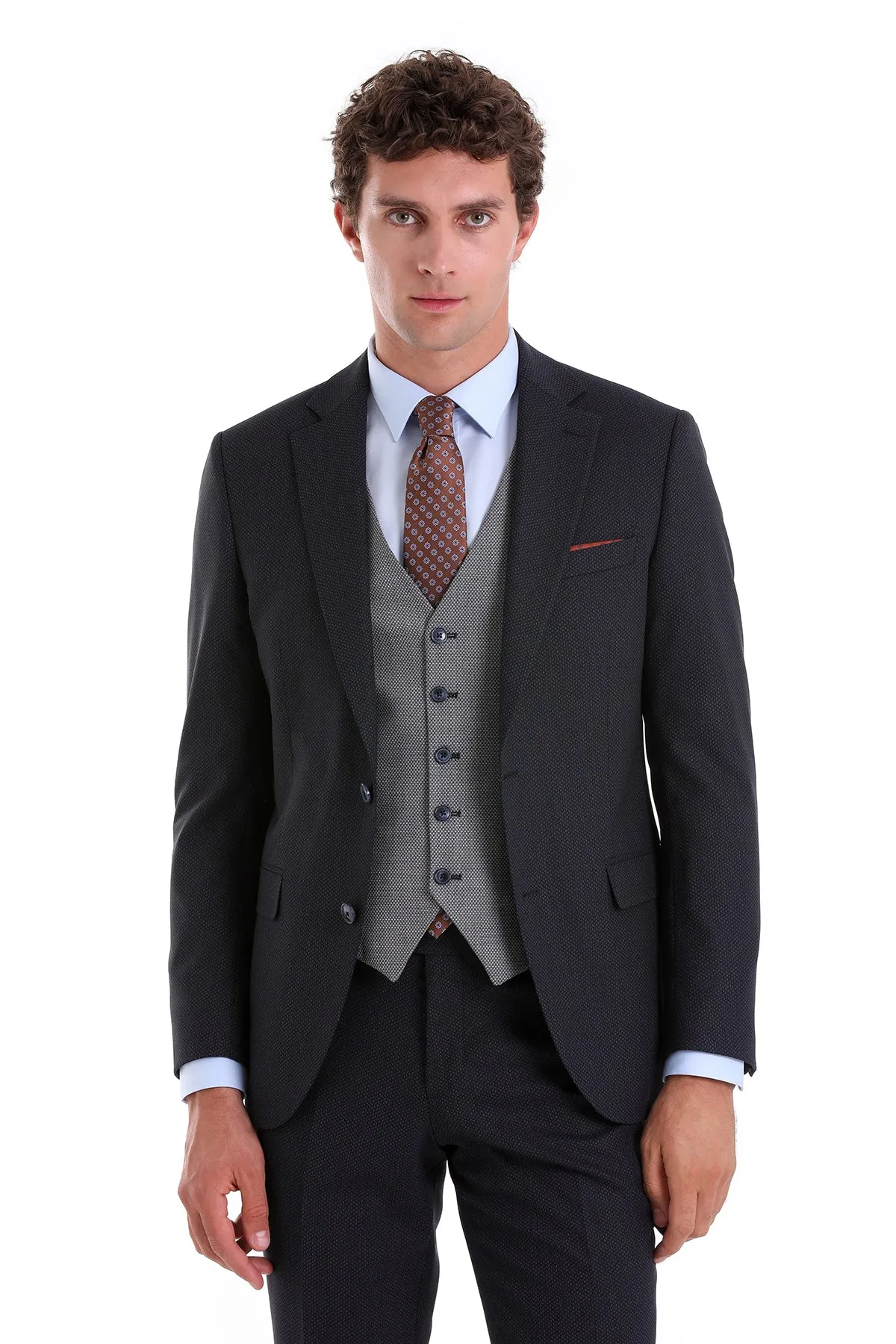 Slim Fit Navy Wool Blend Casual Suit with Vest