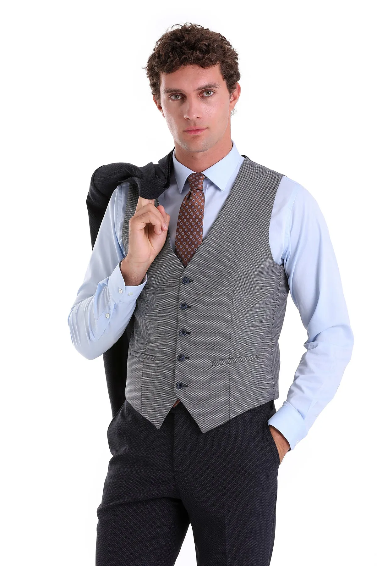 Slim Fit Navy Wool Blend Casual Suit with Vest