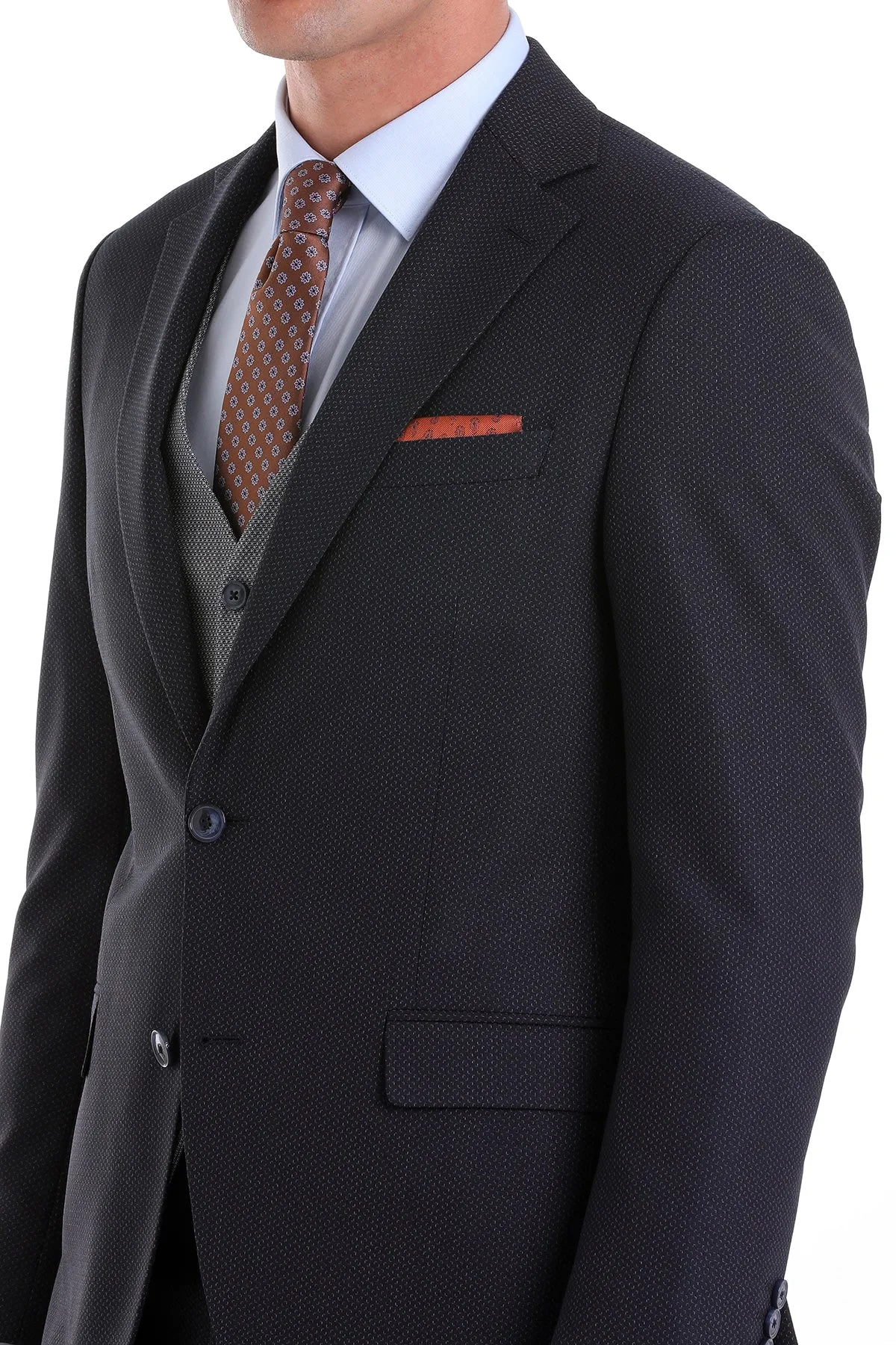 Slim Fit Navy Wool Blend Casual Suit with Vest