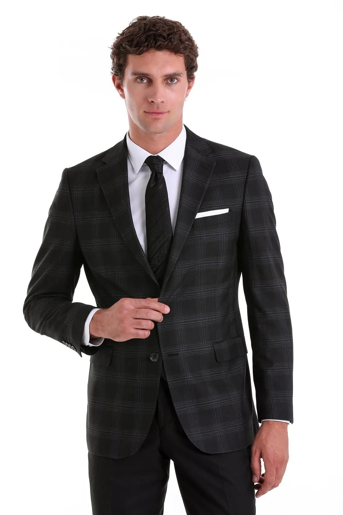Slim Fit Notch Lapel Plaid Black Casual Suit