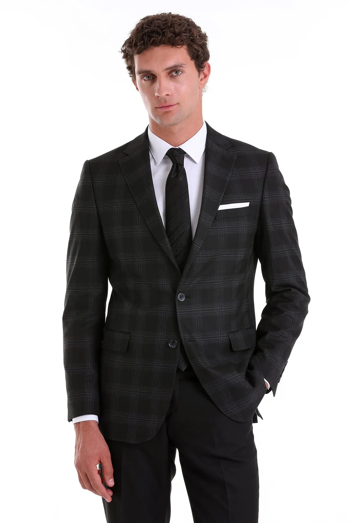 Slim Fit Notch Lapel Plaid Black Casual Suit
