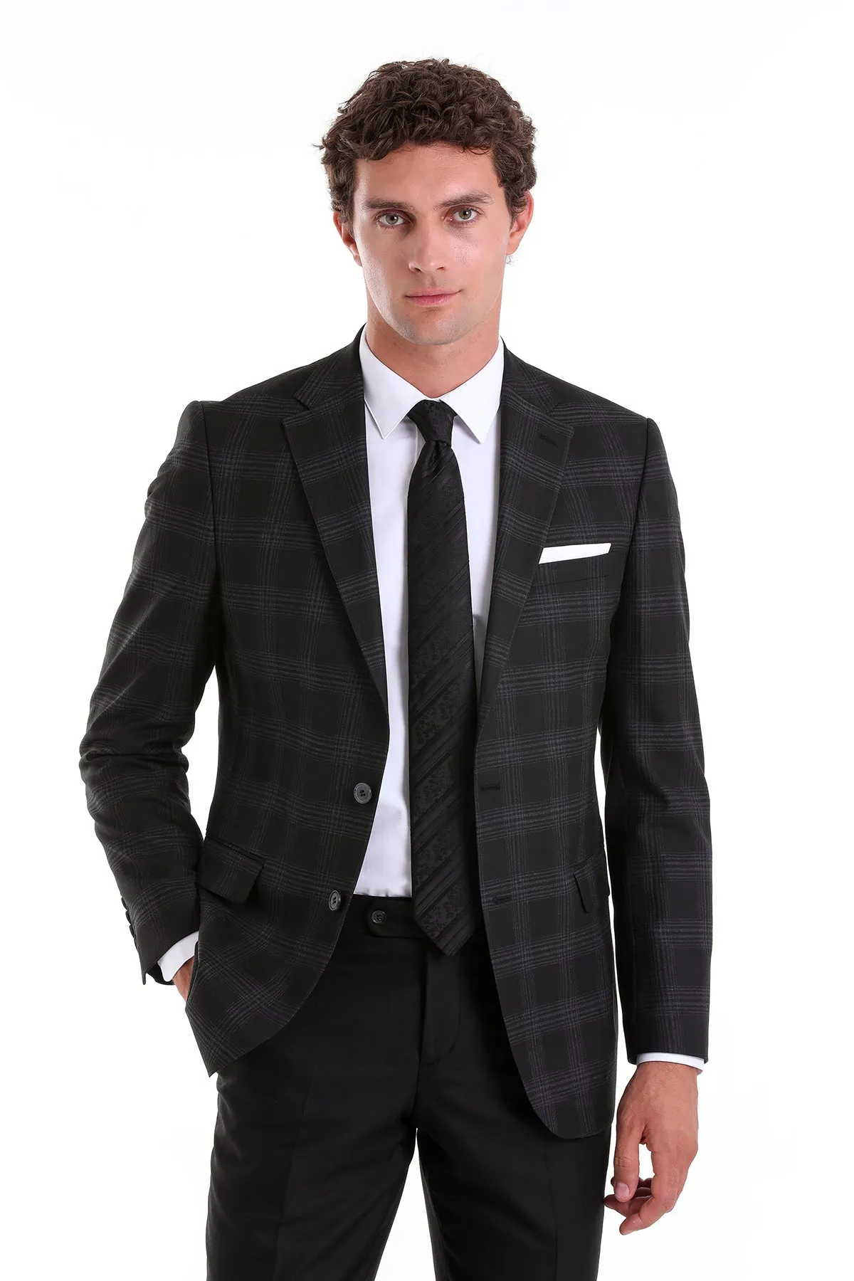 Slim Fit Notch Lapel Plaid Black Casual Suit