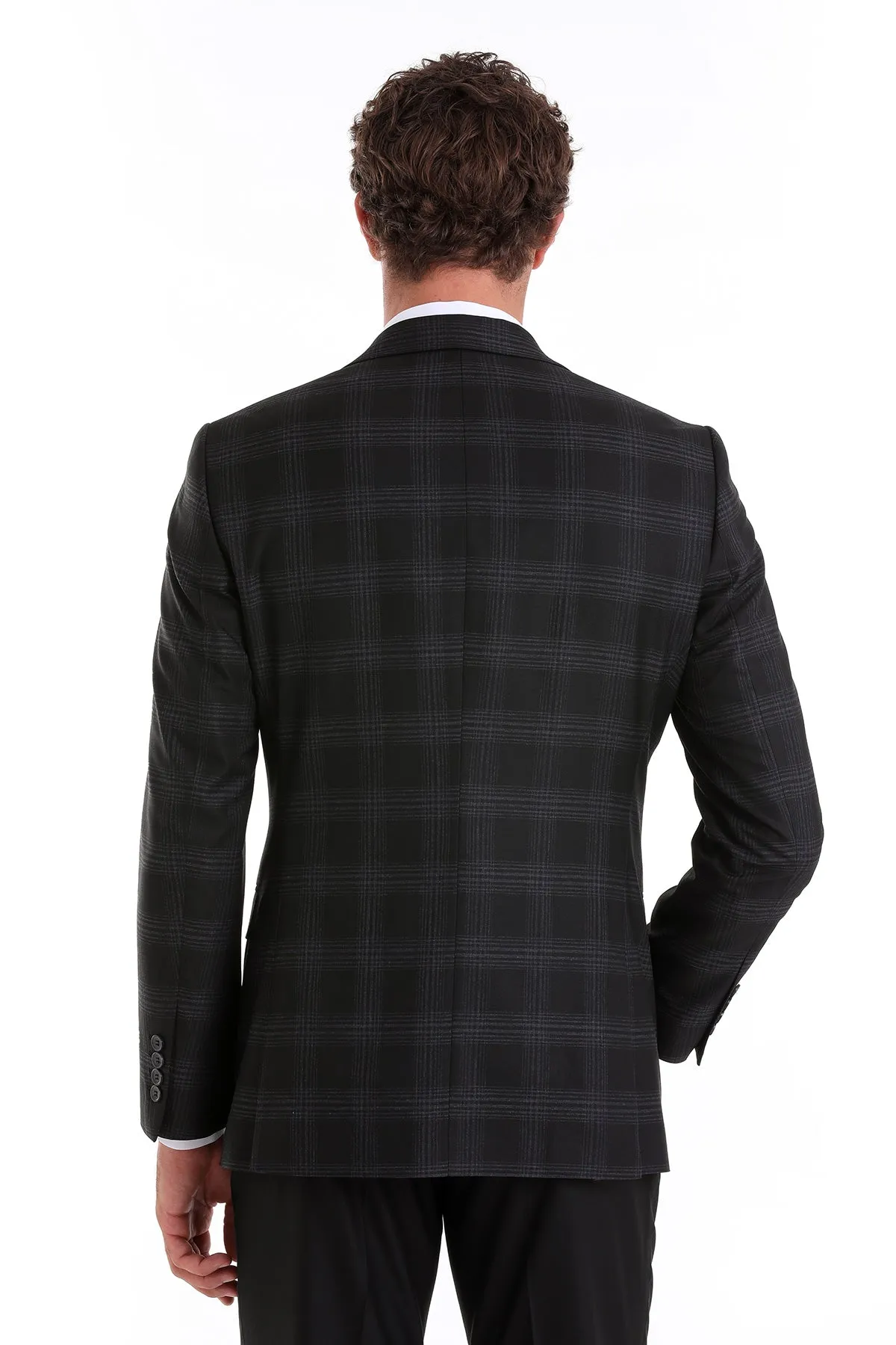 Slim Fit Notch Lapel Plaid Black Casual Suit